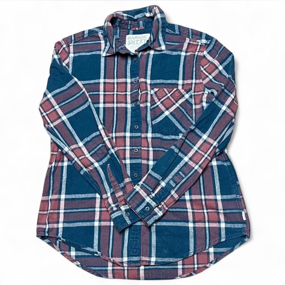 Garage Shirt Women’s Boyfriend Fit Sz. S Long Sleeve Flannel Plaid Shirt Navy